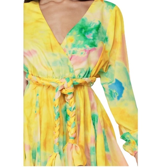 L’Atiste After Glow Tie Dye Rainbow Faux Wrap Belted Flare Skater Mini Dress - Picture 6 of 10
